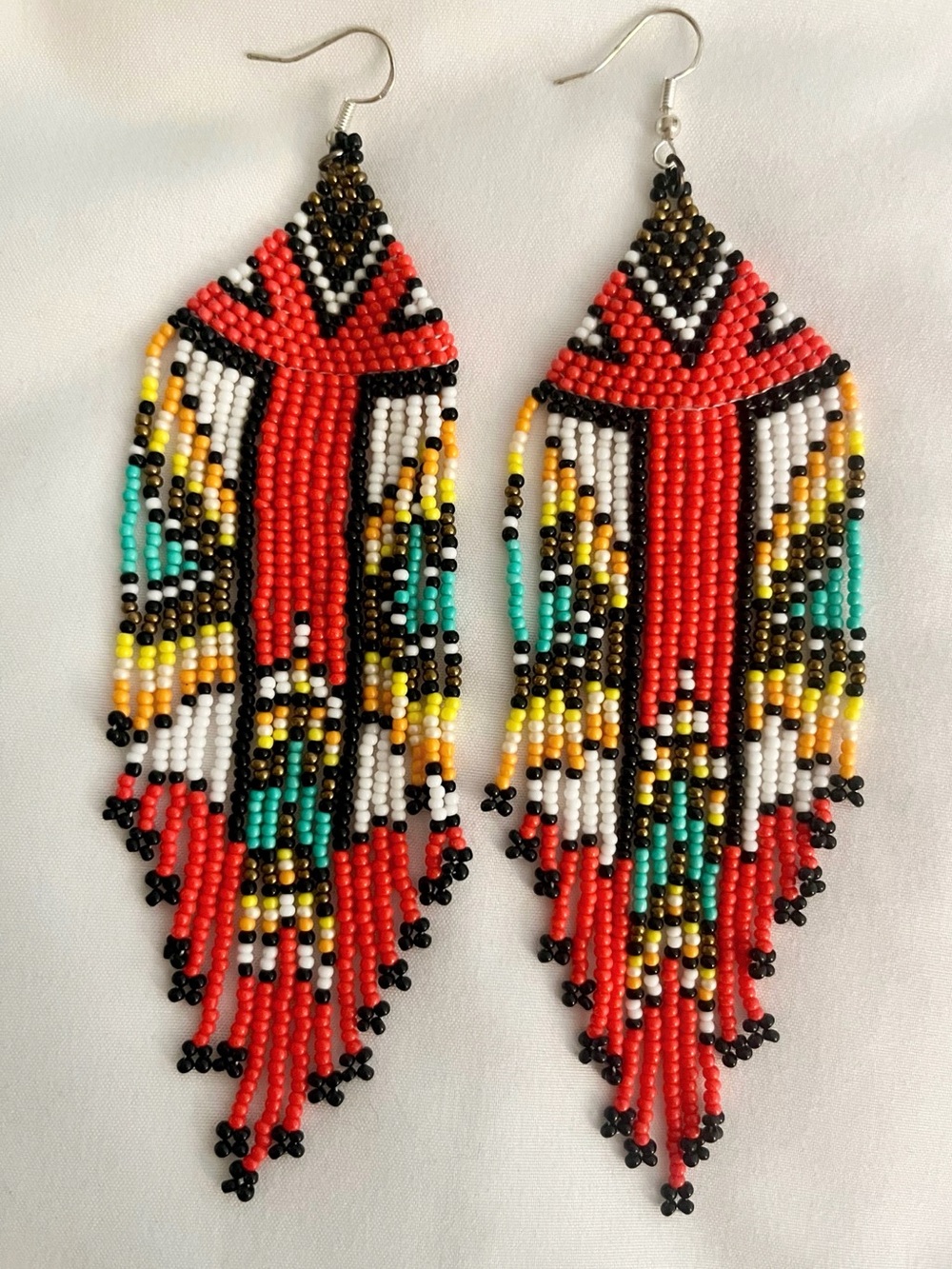 Vibrant Tribal Boho Red Seed-Bead Fringe Statement Earrings with Multicolor